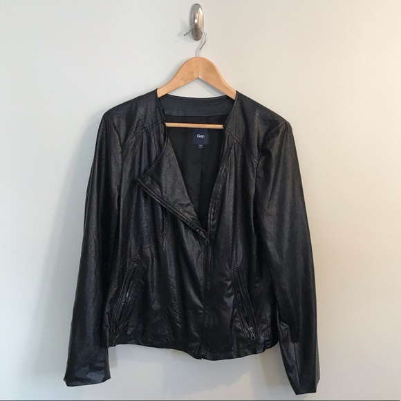 GAP Jackets & Blazers - GAP Shiny Black Metallic Moto Biker Jacket Sz L